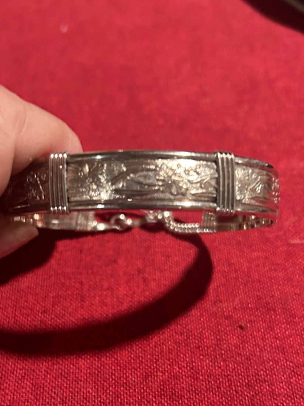 Engraved Silver-Tone Hinged Bangle Bracelet